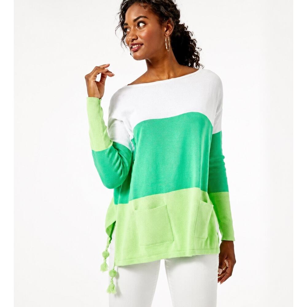 Lilly Pulitzer XS Westwood Coolmax Sweater Green Colorblock Tassel Pocket Top